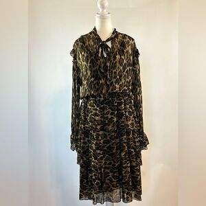 ottod’Ame | Animal Print Tiered Blouson Chiffon Long Sleeve Dress | Size 12